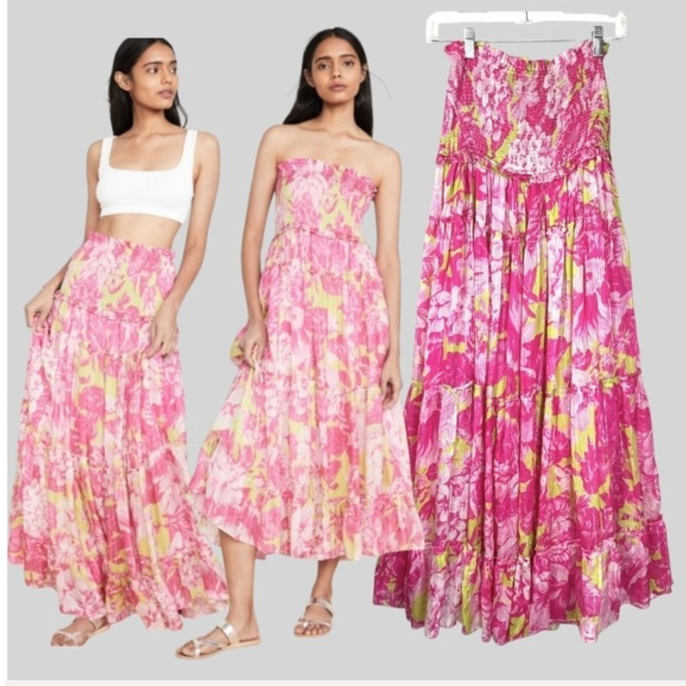 Rococo Sand Ziba Convertible Strapless Dress Maxi Skirt Pink Floral Metallic- XS